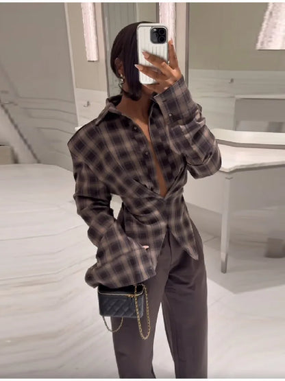 Women Chic Design Sense Plaid Shirt Fashion Casual Waist Cinched Slim Fit Long Sleeved Sexy Shirts  Autumn Stylish Women Tops