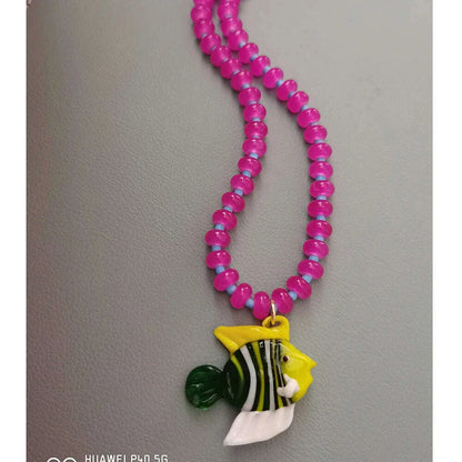 Bohemian Colorful Glaze Fish Pendant for Women Striped Beaded Necklace Seaside Vacation Party Accessories