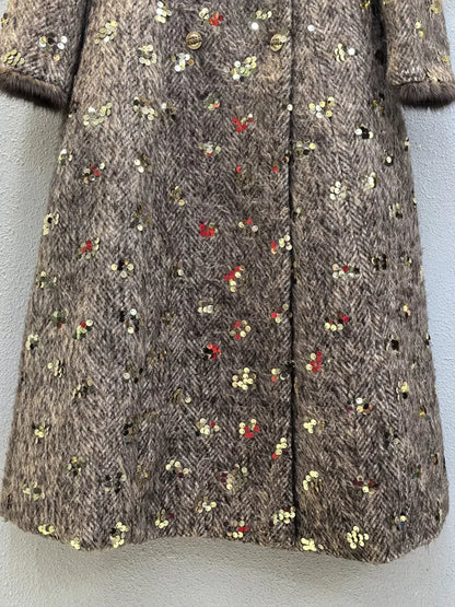 IEQJ Fashion Autumn Winter Woolen Coat Women Turn-Down Collar Fur EdgeDouble Breasted Long Sleeves Sequins Slim Blends Coat New