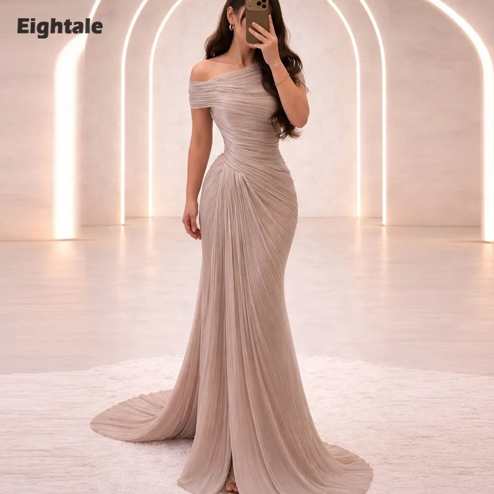 Eightale Evening Dresses One Shoulder Pleats Floor Length Customized Crepe Champagne Mermaid Prom Party Gown vestido de fiesta