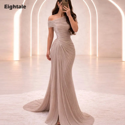 Eightale Evening Dresses One Shoulder Pleats Floor Length Customized Crepe Champagne Mermaid Prom Party Gown vestido de fiesta
