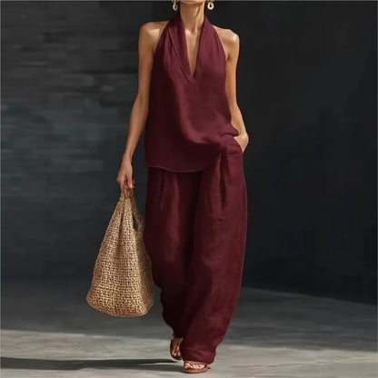 Casual Solid Set For Women Fashion Solid Sleeveless V Neck Tops+High Waist Wide Leg Pants 2 Piece Sets Lady Holiday Women's
