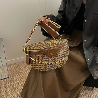 Fashion Grid Chest Bag Retro Crossbody Bags Trendy Sling Shoulder Bag Travel Wide Strap Waist Bag Women Small Chain Fanny Pack