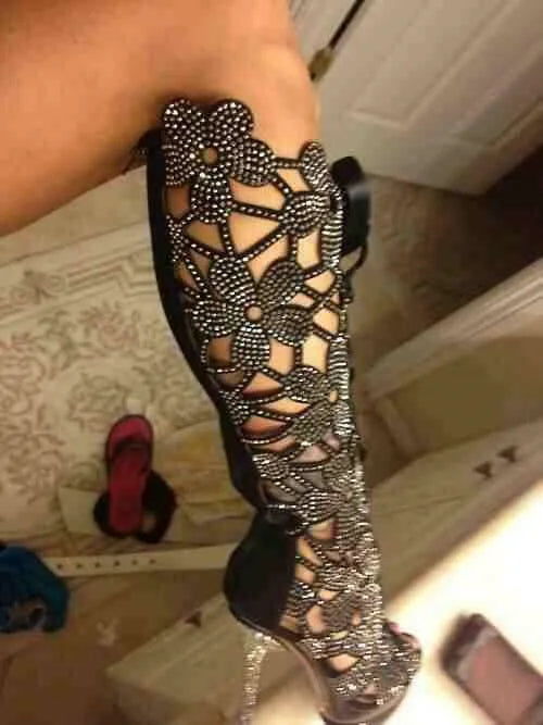 2026 Women's Rhinestone Hollow Out Knee High Boots, Peep Toe High Heel Sandals, Summer Mesh Gladiator Sandals, Crystal Stiletto