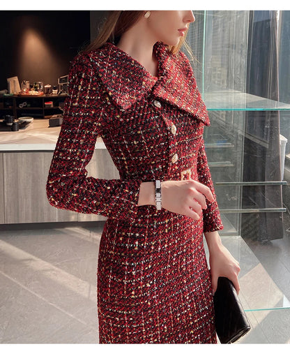 Elegant Retro Tweed Asymmetric Large Lapel Slimming Dress Women's Autumn Winter High-Grade Long Sleeve Mid-length Dress...