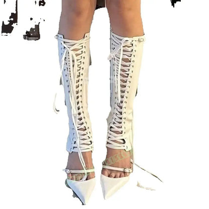 Cross Tied Sandals Boots Pointy Toe Hollow Buckles Straps Knee High Boots Summer Women Sexy Shoes Lace Up Stiletto Heels Design
