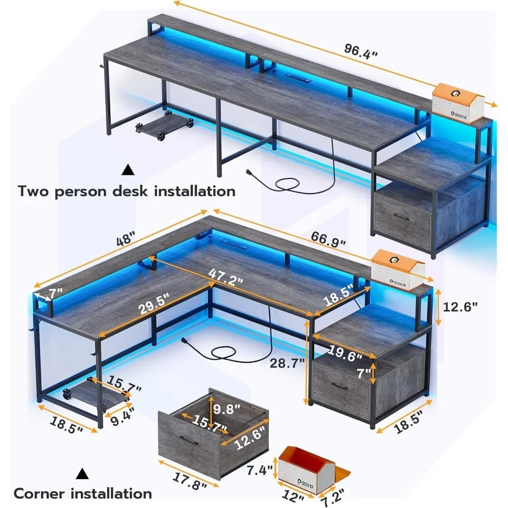 Office Desk with Wood File Drawer & Power Outlet,Gaming Desk with Led Lights,Corner Computer Desk with Monitor Shelf,Customized - Kimlud