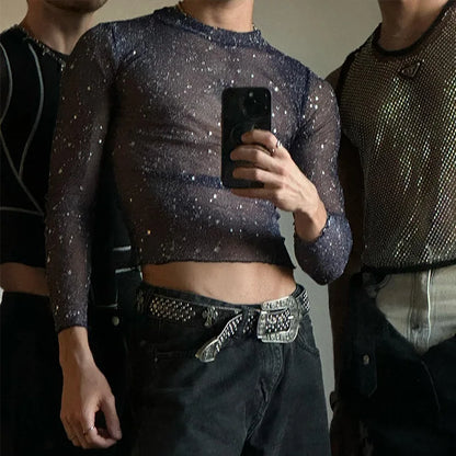 Sexy Men's Slim Stretch Mesh Crop T-shirt Purple Bling See Through Sex O-neck Top Shirts Live Show Dance Nightclub Party - Kimlud