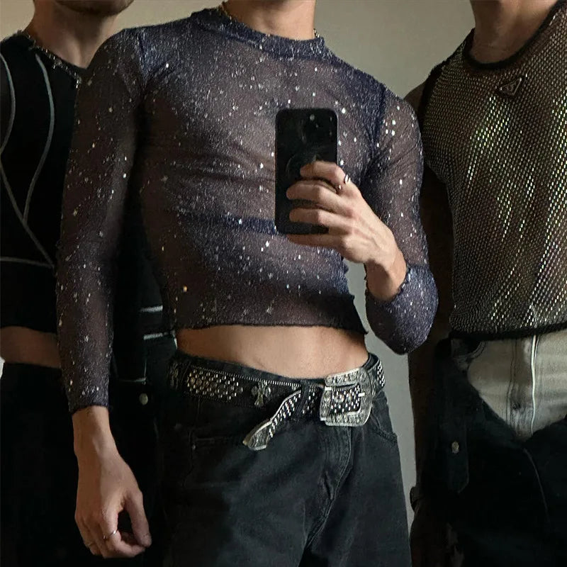 Sexy Men's Slim Stretch Mesh Crop T-shirt Purple Bling See Through Sex O-neck Top Shirts Live Show Dance Nightclub Party - Kimlud