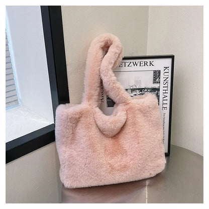 Women Versatile Cute Soft Plush Tote Bag Autumn Winter Faux Fur Shoulder Bag Purses Female Handbags Fluffy Shopper Bag