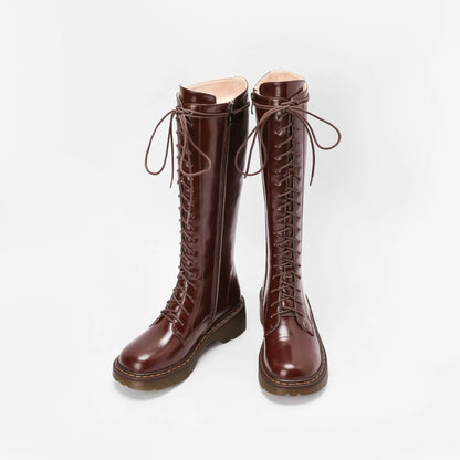 Krazing Pot Vintage Cow Split Leather Wool Snow Boots Winter Keep Warm Round Toe Cross-tied Med Heels Platform Thigh High Boots