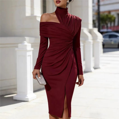 Sexy Off-shoulder Half-high Collar Long-sleeved Women's Hip-covering Banquet Dress Fashion Pleated Slimel Egant Female SlitDress - Kimlud