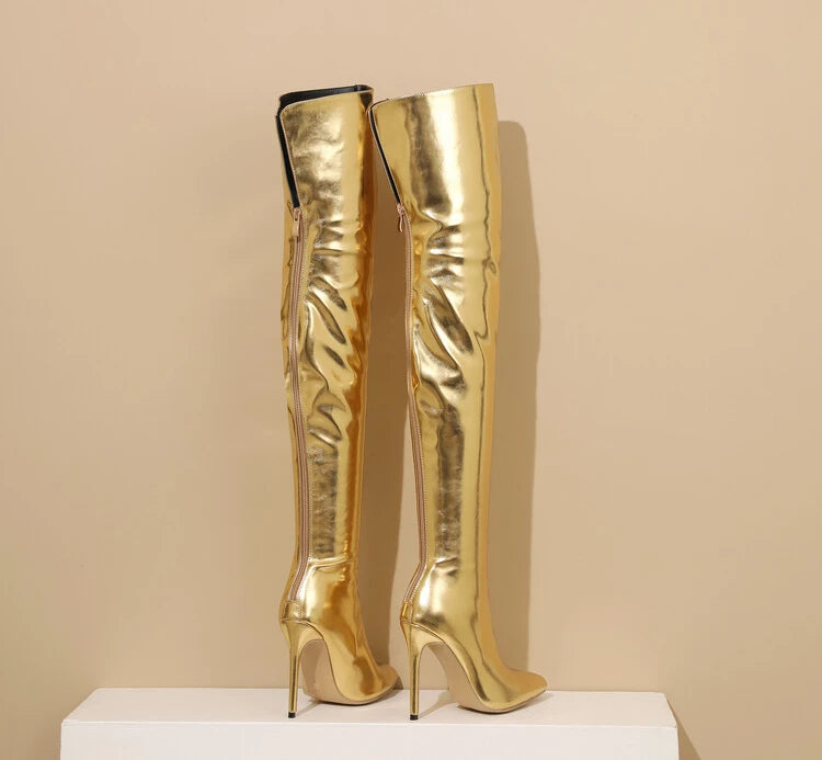 Sexy Silver Gold Rear Zipper Over Knee Boots Women's Pointed High Heels European and American Fashion Long Boots Big Size 34-43