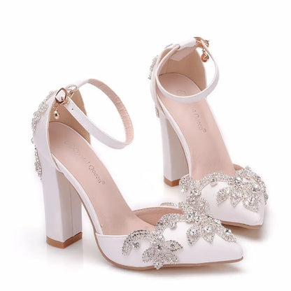 Summer Brand Women Sandals Party Flower Rhinestone Cover Heel 10.5 CM Square Heel Lady Wedding Hot Sale Lovely Women Shoe - Kimlud