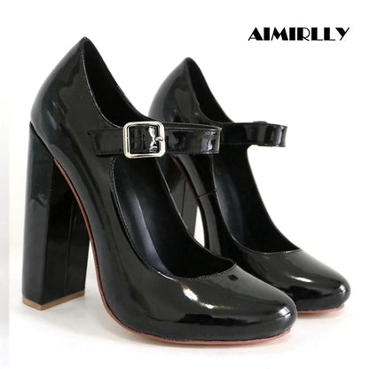 Elegant Women Black Patent Mary Jane High Heel Pumps Buckle Strap Round Toe Block Heel  Party & Office Work Dress Shoes