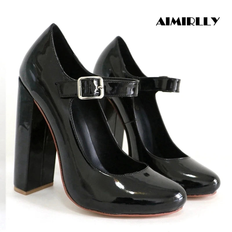 Elegant Women Black Patent Mary Jane High Heel Pumps Buckle Strap Round Toe Block Heel  Party & Office Work Dress Shoes