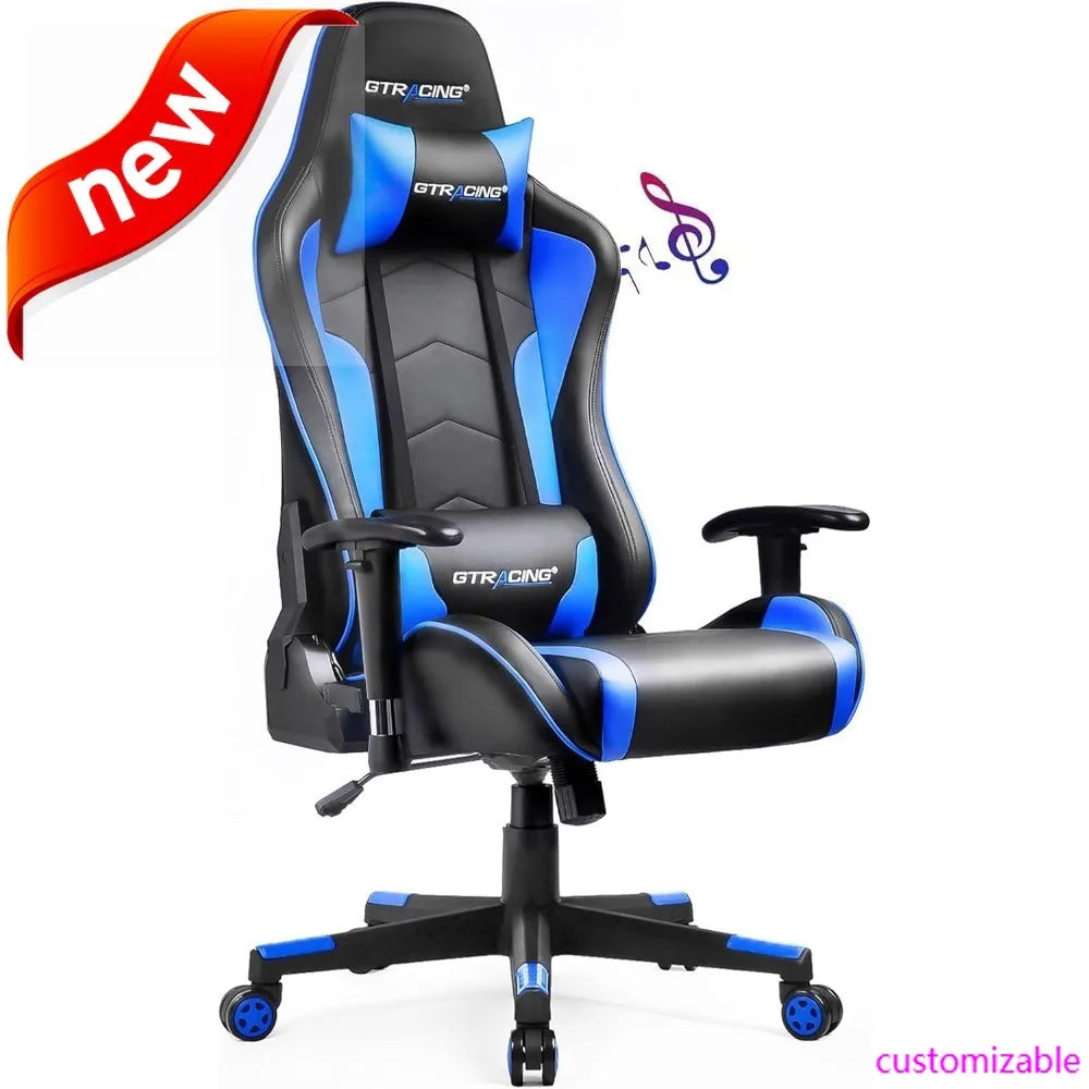 Gaming Chair With Speakers Bluetooth Music Video Game Chair Audio Ergonomic Design Heavy Duty Office Computer Desk Chair（Blue）-N