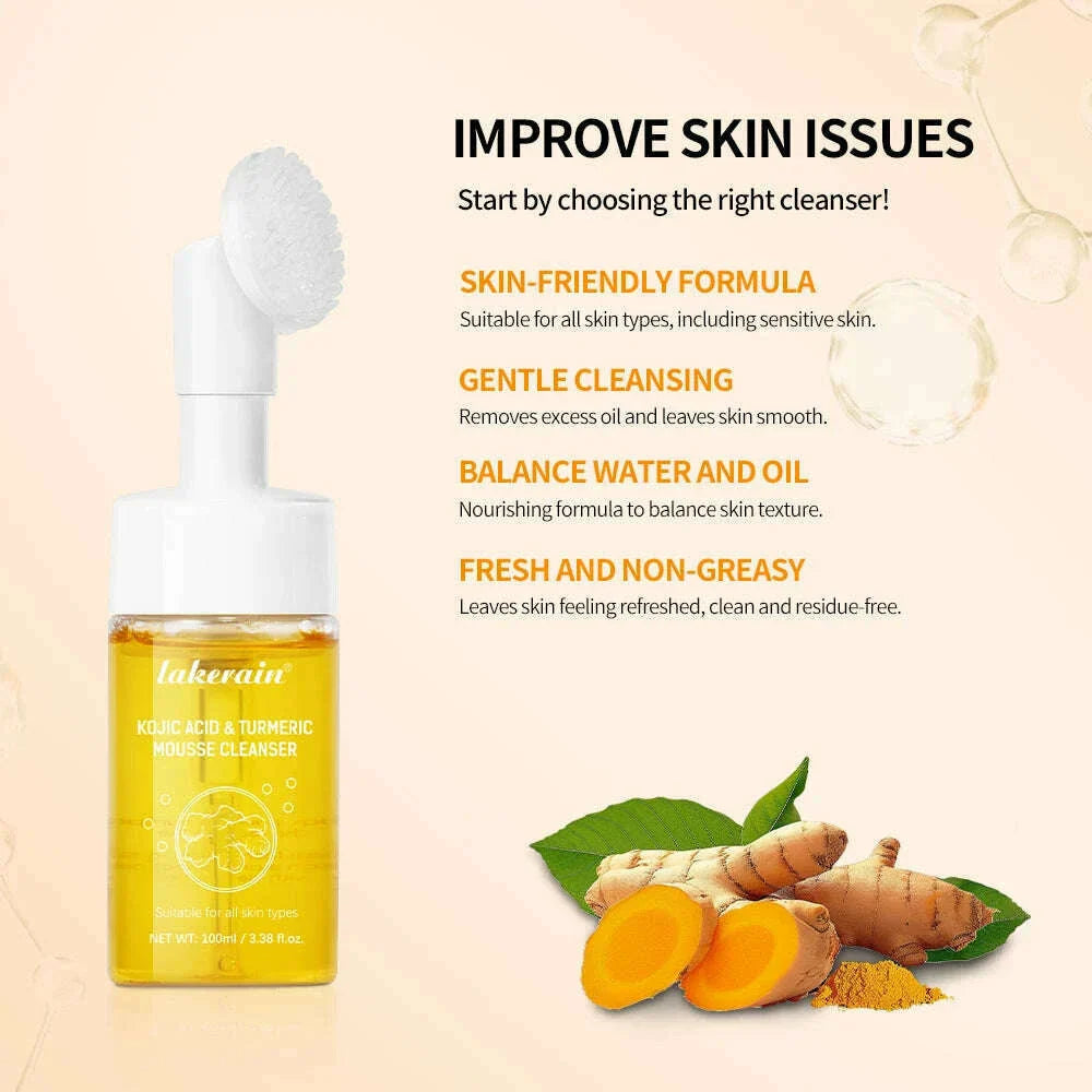 Lakerain 100ml Turmeric Cleansing Mousse Brightening Face Wash Foam Face Cleanser Oil Control Blackhead Remover Skin Cleansing