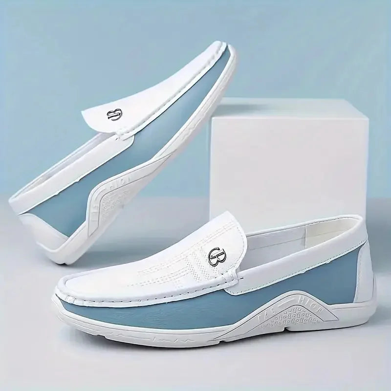 Men's Business Casual Slip-On Loafers White Blue Color Block Comfortable Driving Lightweight Daily Commute Friendly Shoes