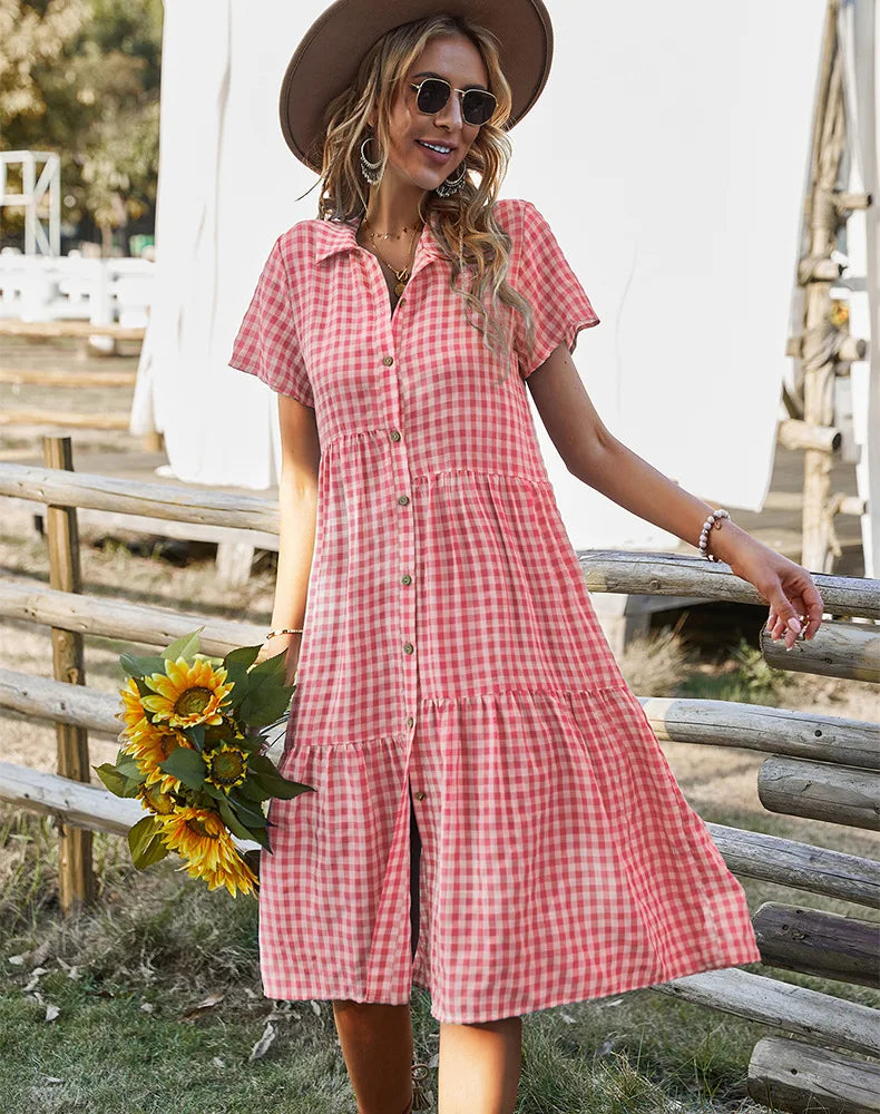 2026 Women's Checkered Short-Sleeve Shirtdress Single-breasted Button-down Short-sleeved Dress Casual Country-style Long...