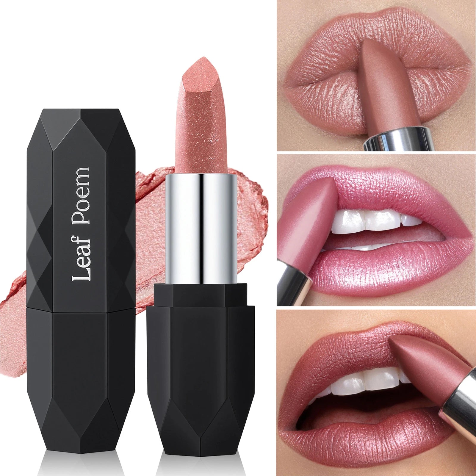 Nude Pink Pearlescent Glitter Matte Lipstick Metallic Waterproof Long Lasting Rose Pink Shimmer Diamond Lipstick Makeup Cosmetic - Kimlud