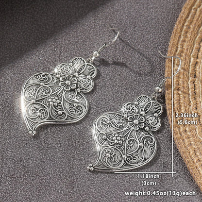 Vintage Bohemian Style Hand Carved Silvery Plated Hook Earrings Women's Elegant Charm Banquet Festival Jewelry...