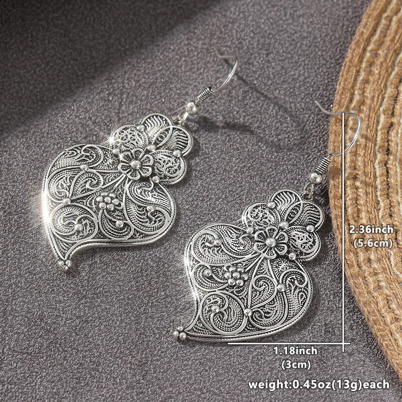 Vintage Bohemian Style Hand Carved Silvery Plated Hook Earrings Women's Elegant Charm Banquet Festival Jewelry...