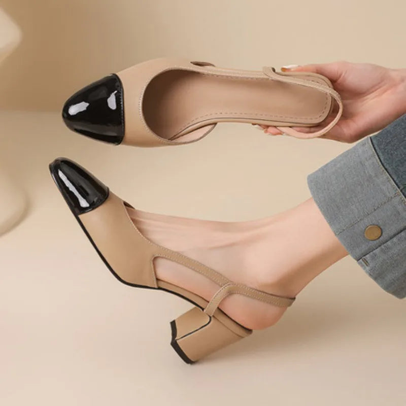 Big Size 45 Women Slingbacks Shoes High Heels Thick High Heel Leather Mixed Colors Pumps Ladies - Kimlud