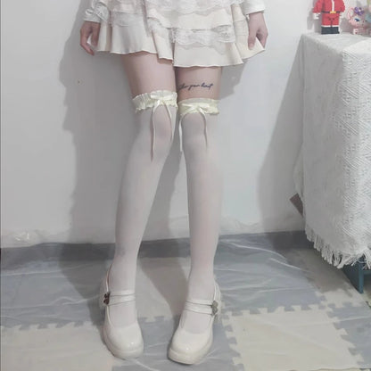 Women Lace Black White Ruffle Long Socks Women Girls Sweet Stockings JK Lolita Nylon Lace Leggings Over The Knee Bowknot Hosiery
