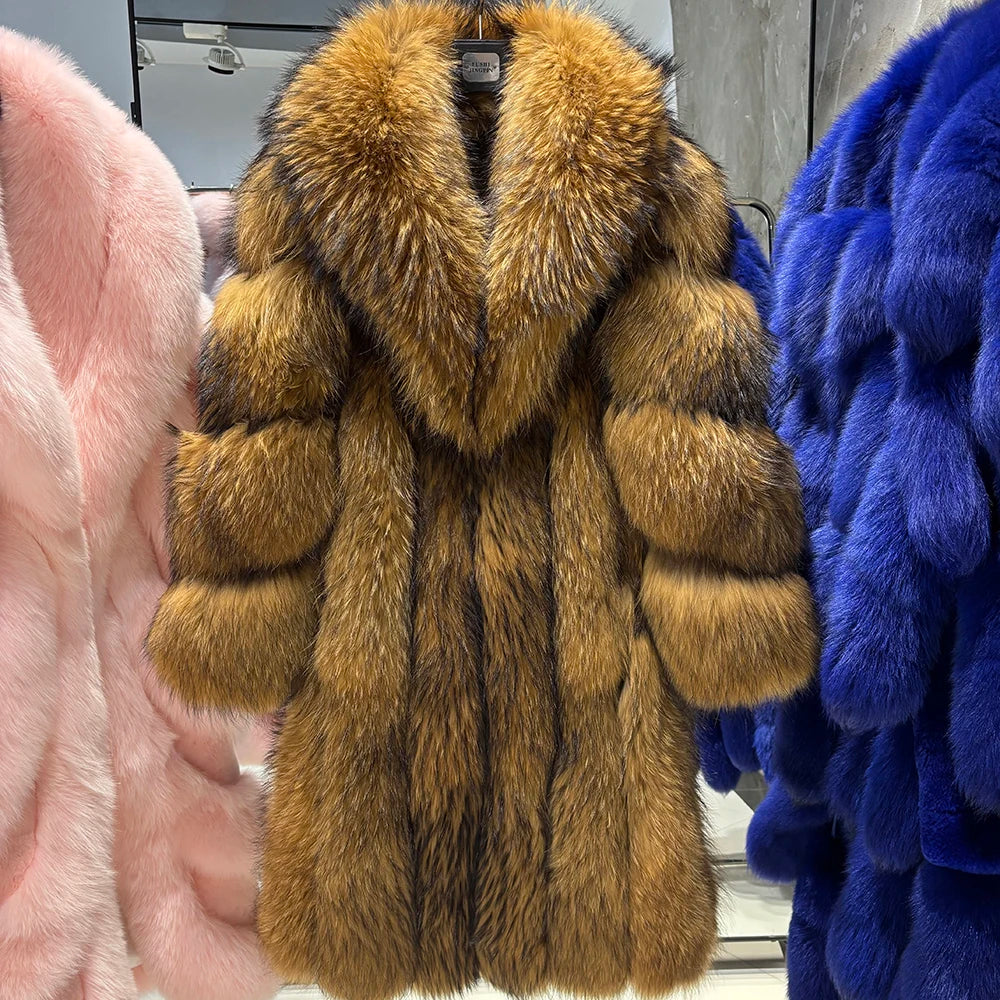 YOLOAgain 2025 Winter Warm Long Luxury Real Fox Fur Jacket Coat Women 120cm length