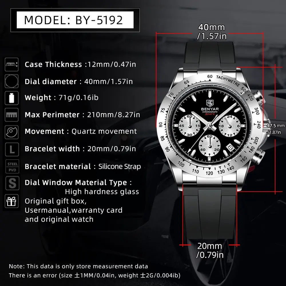 BENYAR New Casual Mens Quartz Watches Steel Bezel Silicone Strap Waterproof Multifunctional Luminous Wristwatch For Man