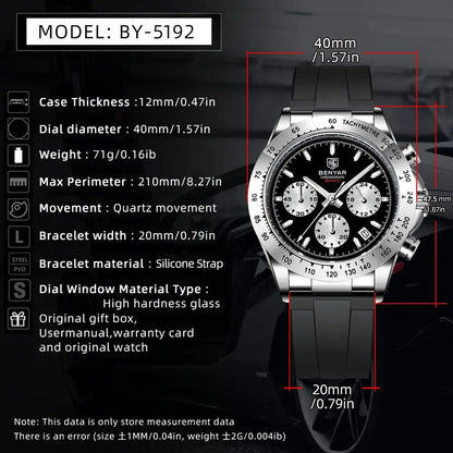 BENYAR New Casual Mens Quartz Watches Steel Bezel Silicone Strap Waterproof Multifunctional Luminous Wristwatch For Man