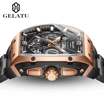 Reloj Hombre Watches Mens GELATU Top Brand Luxury Rose Black Skeleton Tourbillon Automatic Mechanical Watch for Men...