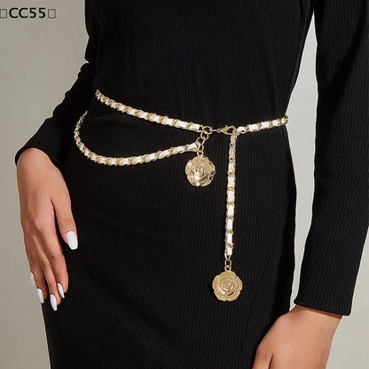 〔CC55〕Metal Waist Chain Belts Round Flower Pendant Chain Strap Rope Female Fine Waistband Dress Shirt Decora Waist...