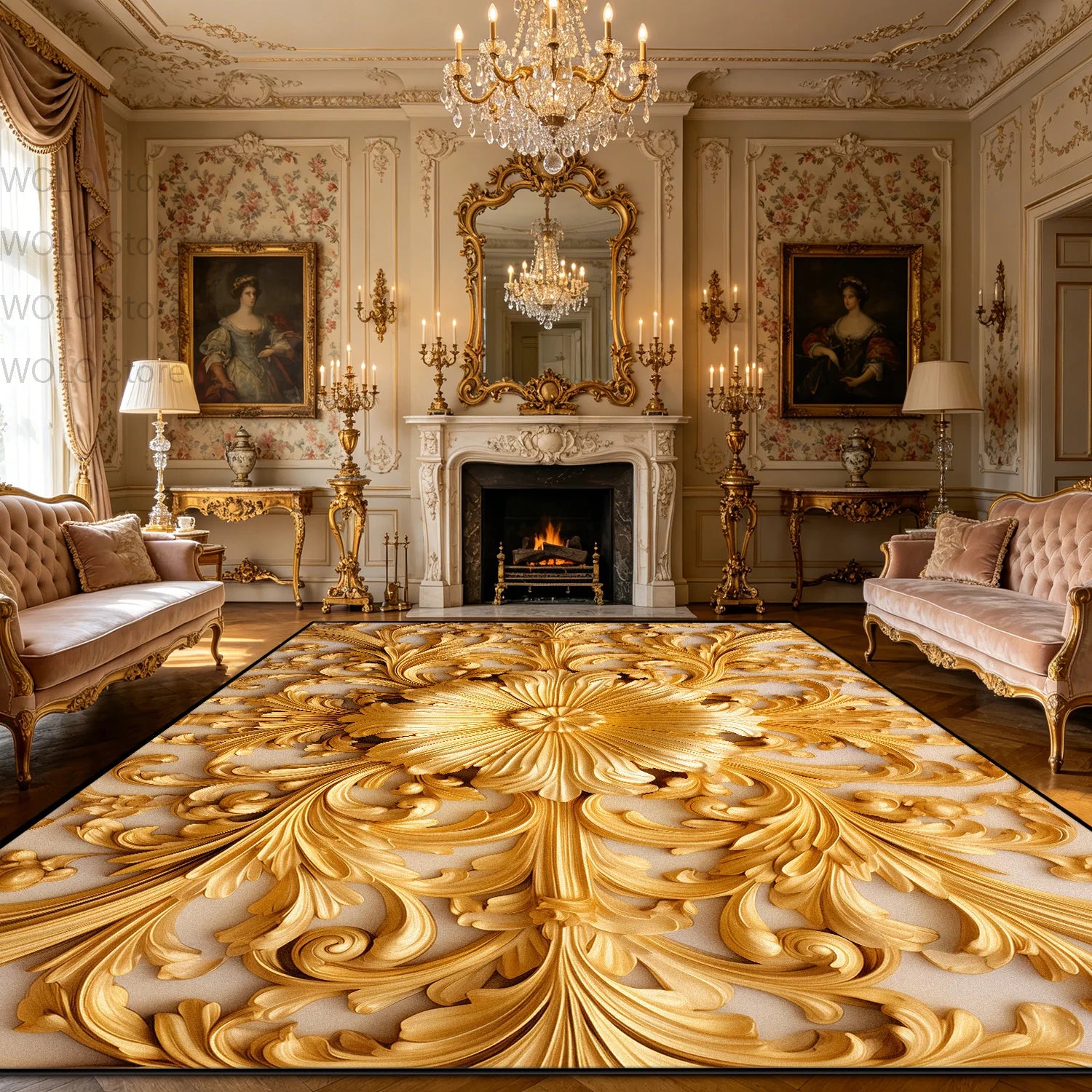 Luxury French Rococo Style Golden Carpet for Living Room Decoration Home Large Area Rugs Dining Room Bedroom Non-slip Floor Mat
