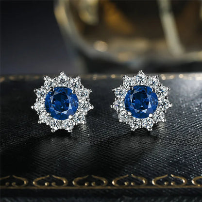 Cute Female Small Water Blue Round Earrings Crystal Stone Fashion Silver Color Wedding Jewelry For Women - Kimlud