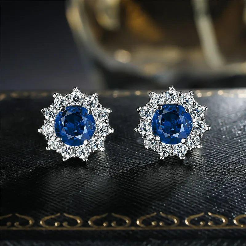 Cute Female Small Water Blue Round Earrings Crystal Stone Fashion Silver Color Wedding Jewelry For Women - Kimlud