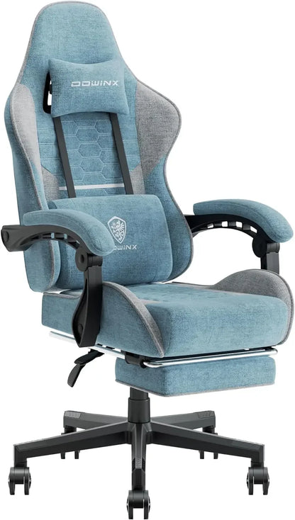 Gaming Chair Fabric with Pocket Spring Cushion, Massage Game Chair Cloth with Headrest, Ergonomic Computer Chair, Light Grey