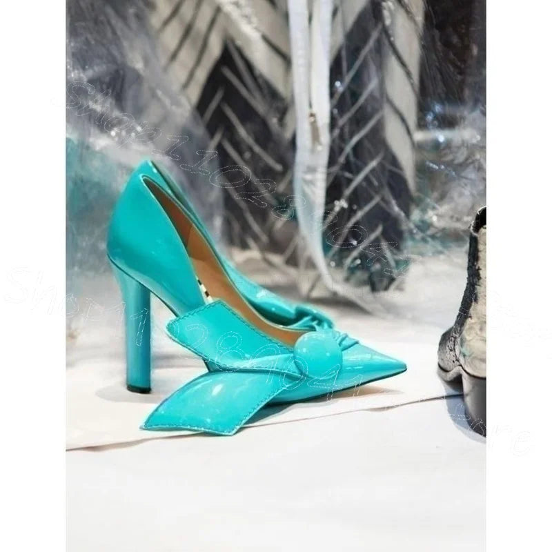 Cyan Patent Leather Button Pointed Toe Pumps Slip On Women Shoes Chunky High Heels Party Runway Dating 2025 Zapatos Para Mujere - Kimlud