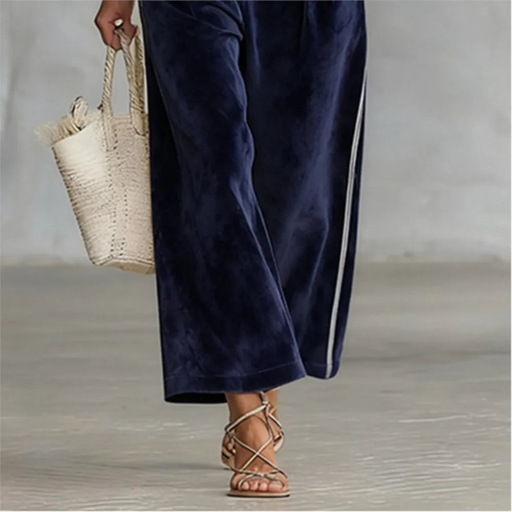 Fashion Korean Velvet Color-blocked Striped 7 Sleeved Stand-up Collar Top Sports Suit Loose Wide-leg Trousers Women's...