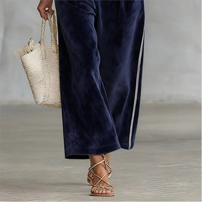 Fashion Korean Velvet Color-blocked Striped 7 Sleeved Stand-up Collar Top Sports Suit Loose Wide-leg Trousers Women's...