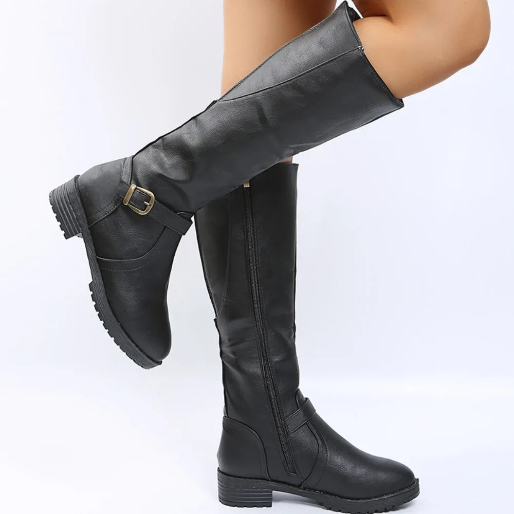 2025 New Women's Spring/Autumn Leather Boots-Knee-High Riding Boots with Zip Low Heel Perfect for Daily Commute& Weekend Outings