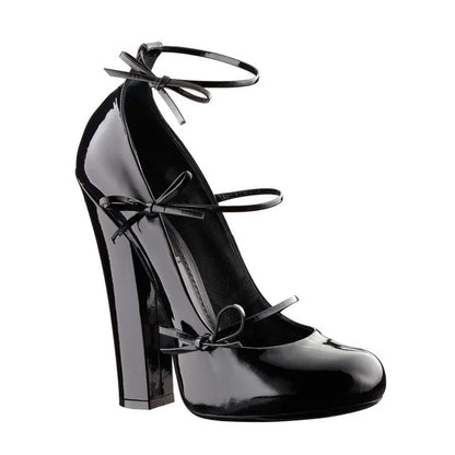 Butterfly Knot Strap Leather High Heels Sexy Pointed Toe Square Heel Accept Customized New Arrvials Fashion Women Modern Shoes