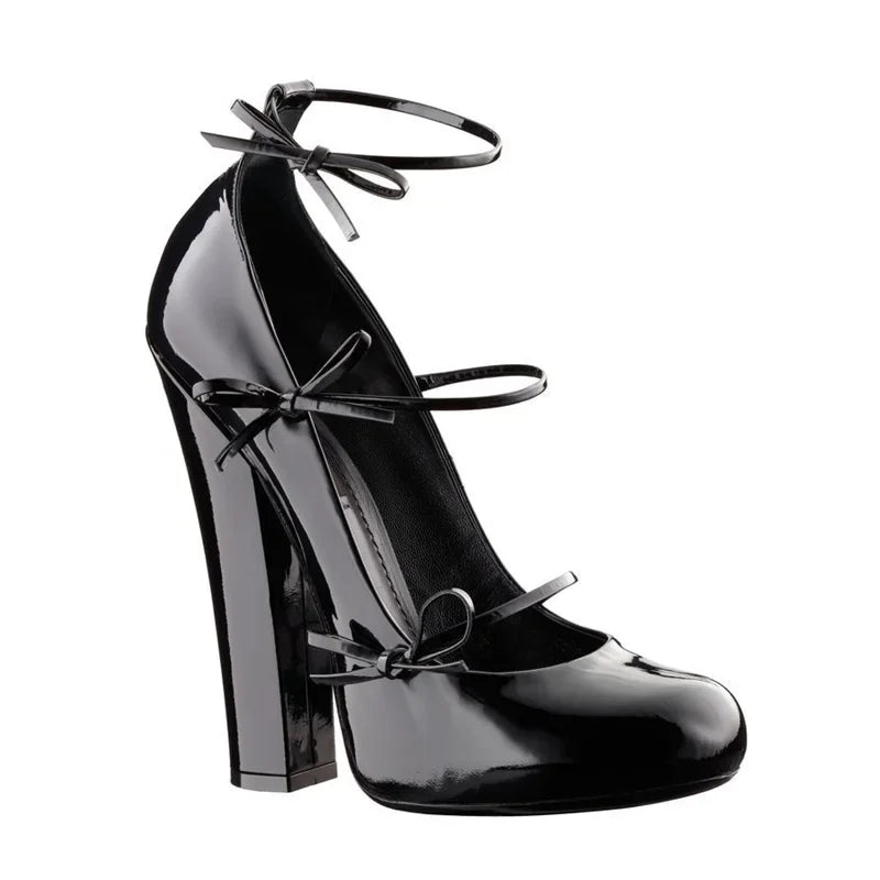 Butterfly Knot Strap Leather High Heels Sexy Pointed Toe Square Heel Accept Customized New Arrvials Fashion Women Modern Shoes