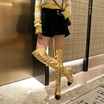 Colored Rhinestone Cowhide Mid Tube/knee Length Boots Thick Heeled Square Toe Black Gold Runway Runway Performance High Heels