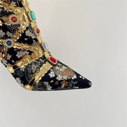 Liyke Runway Fashion Color Gem Knee High Boots Women Handwork Embroider Sexy Pointed Toe Zip Party Stripper Heels Shoes Booties