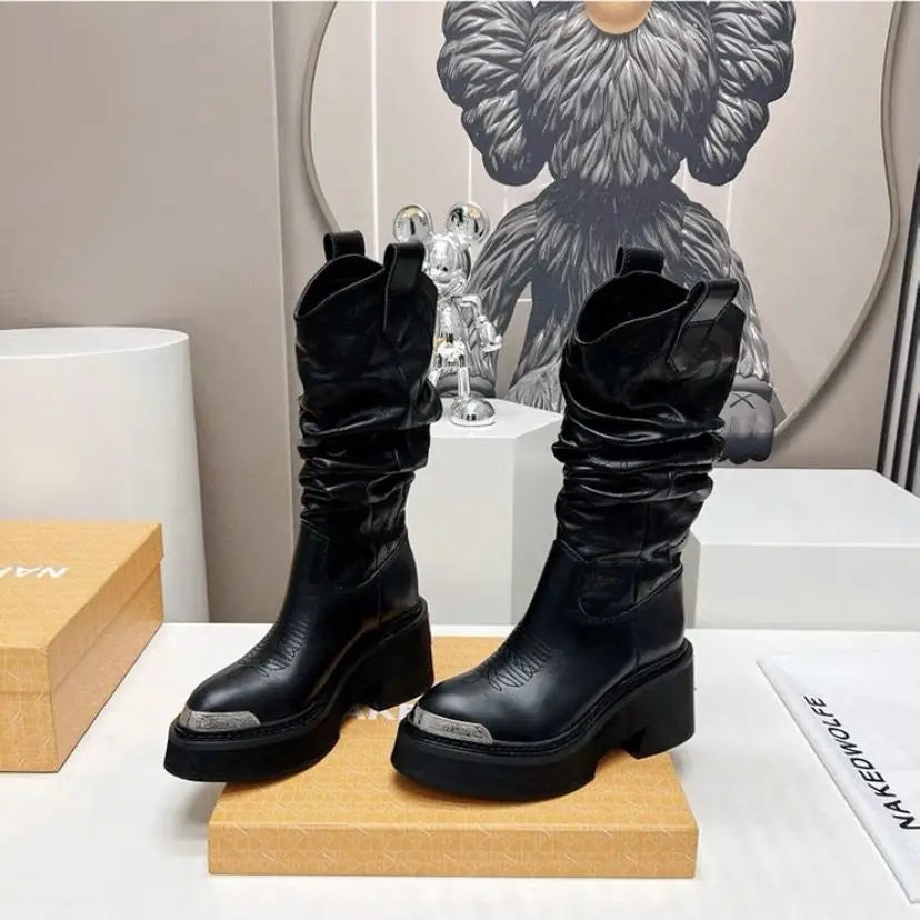 women heightened same thick-soled knight western cowboy 2026 temperament elastic stacking boots - Kimlud
