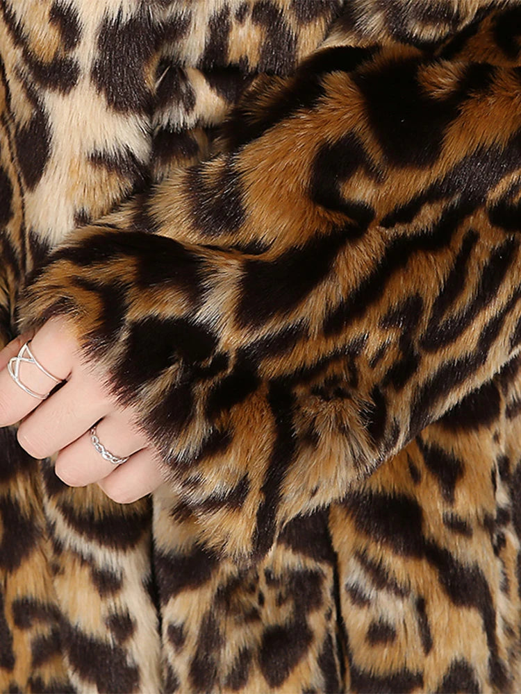Nerazzurri Winter Elegant Warm Thick Skirted Fluffy Faux Fur Leopard Coat Women Drawstring Runway European Fashion Overcoat 2021