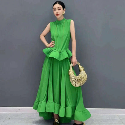 Vefadisa Newest 2025 Summer Green Women Sets Sleeveless Ruffle Edge Top Large hem Long Skirt Two pieces Dress Sets HLX064