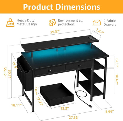 39-Inch Gaming Desk with Shelves, Drawers, Power Outlet & LED Lights for Teens and Adults